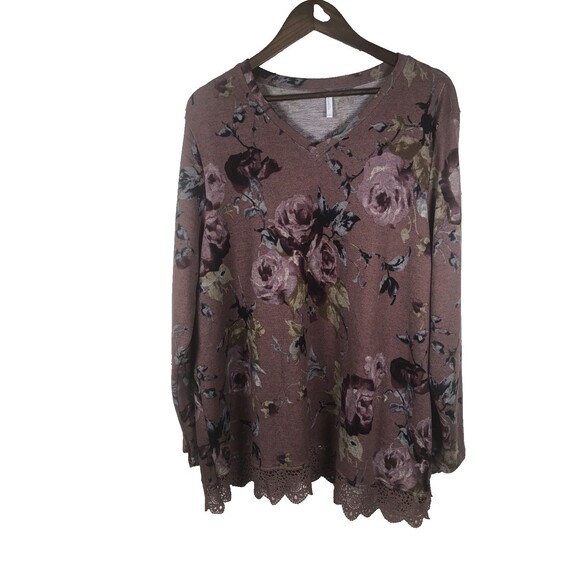 Netsmile Pink Top Lace Hem Plus Sz 2X V neck Cottagecore Romantic Floral Boho - Picture 1 of 9